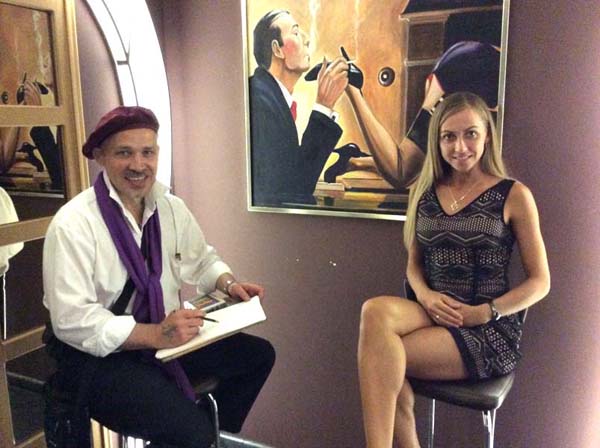 Шаржист рисует на Новогоднем корпоративе в ресторане 